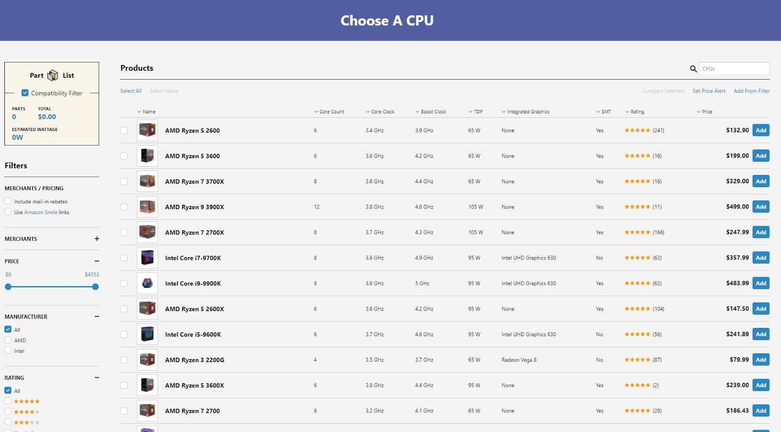 choosing a component on pcpartpicker screenshot