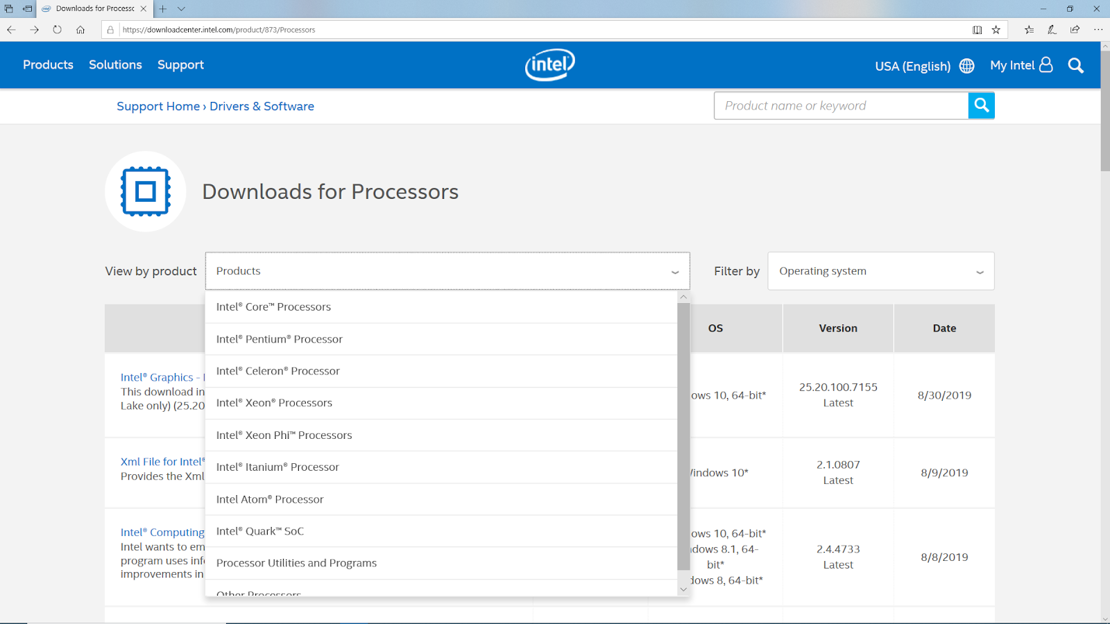 selecting product type for intel drivers