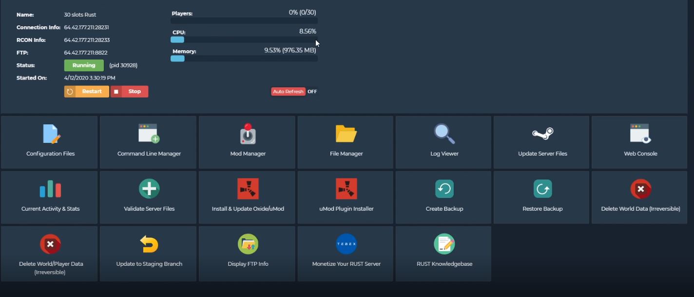 game server control panel setup
