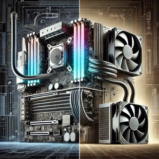 Comparison of liquid cooling and air cooling systems for PC builds, showcasing a sleek liquid cooling setup with tubes and RGB lighting on one side, and a bulky air cooler with a large heat sink and fans on the other.