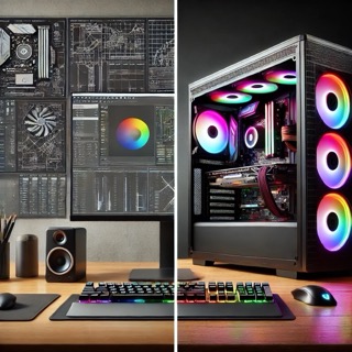 Split-screen image showing a workstation setup with multiple monitors and 3D rendering software on one side, and a gaming PC setup with RGB lighting and a game on the screen on the other, contrasting productivity and gaming environments.
